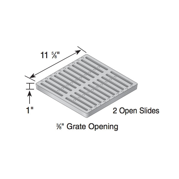 Angled profile of NDS 1213 cast ductile iron 12-inch square grate, highlighting robust construction, edge profile, and slip-resistant surface for landscape drains.