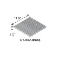 Angled close-up of NDS 1215 galvanized steel grate seated on a 12-in catch basin, showing thickness and rust-resistant finish.