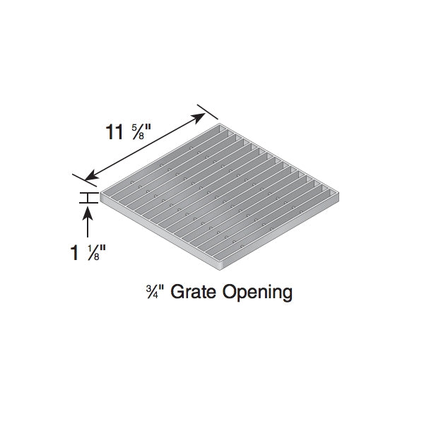 Angled close-up of NDS 1215 galvanized steel grate seated on a 12-in catch basin, showing thickness and rust-resistant finish.