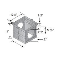 Top view of NDS 1217 black 12 x 12 riser extension showing two inlet ports and internal opening for universal outlet fittings.