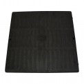 Top view of NDS 1220 12-inch square black sump box cover showing molded HDPE surface and grid openings for drainage, compatible with 12-inch boxes.