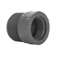Front view of Lasco PVC adapter 1-inch male thread to 3/4-inch female thread on white background, threaded ends visible.