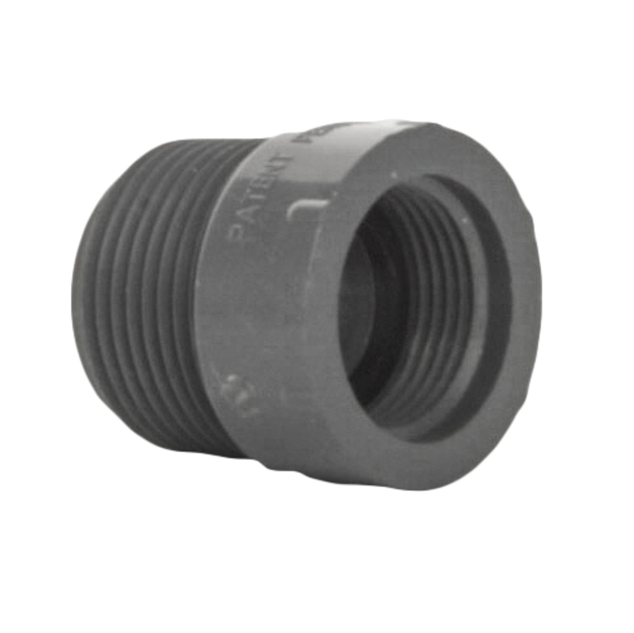 Front view of Lasco PVC adapter 1-inch male thread to 3/4-inch female thread on white background, threaded ends visible.