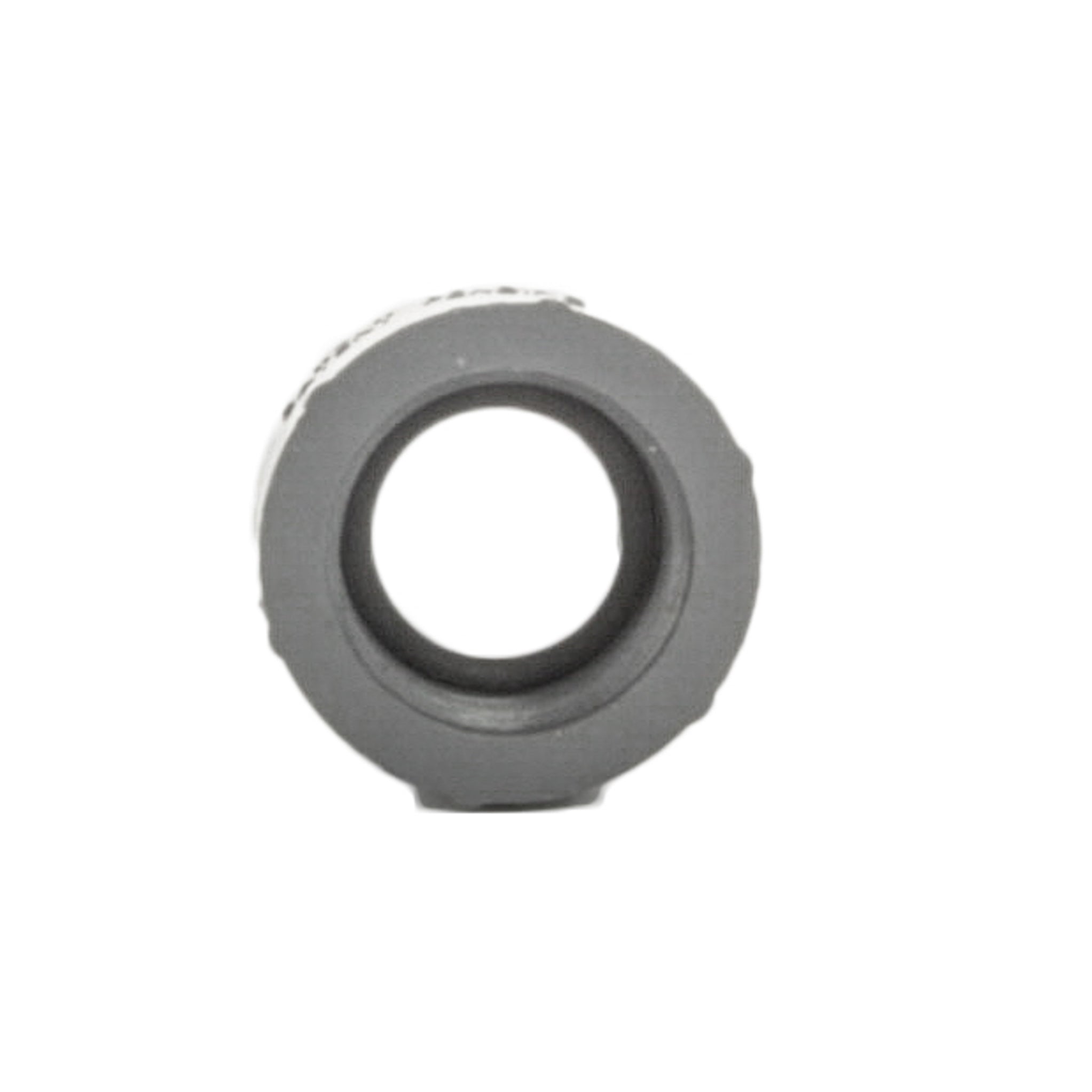 Side-angle photo showing threaded ends of PVC adapter 1" male to 3/4" female, highlighting thread profile and shoulder.