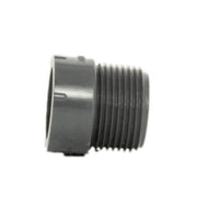 Close-up of male 1-inch PVC threads and smooth body of Lasco irrigation adapter, detail of molding and finish.