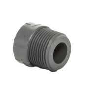 Top-down view of Lasco PVC adapter showing 3/4-inch female threaded opening and compact adapter design.