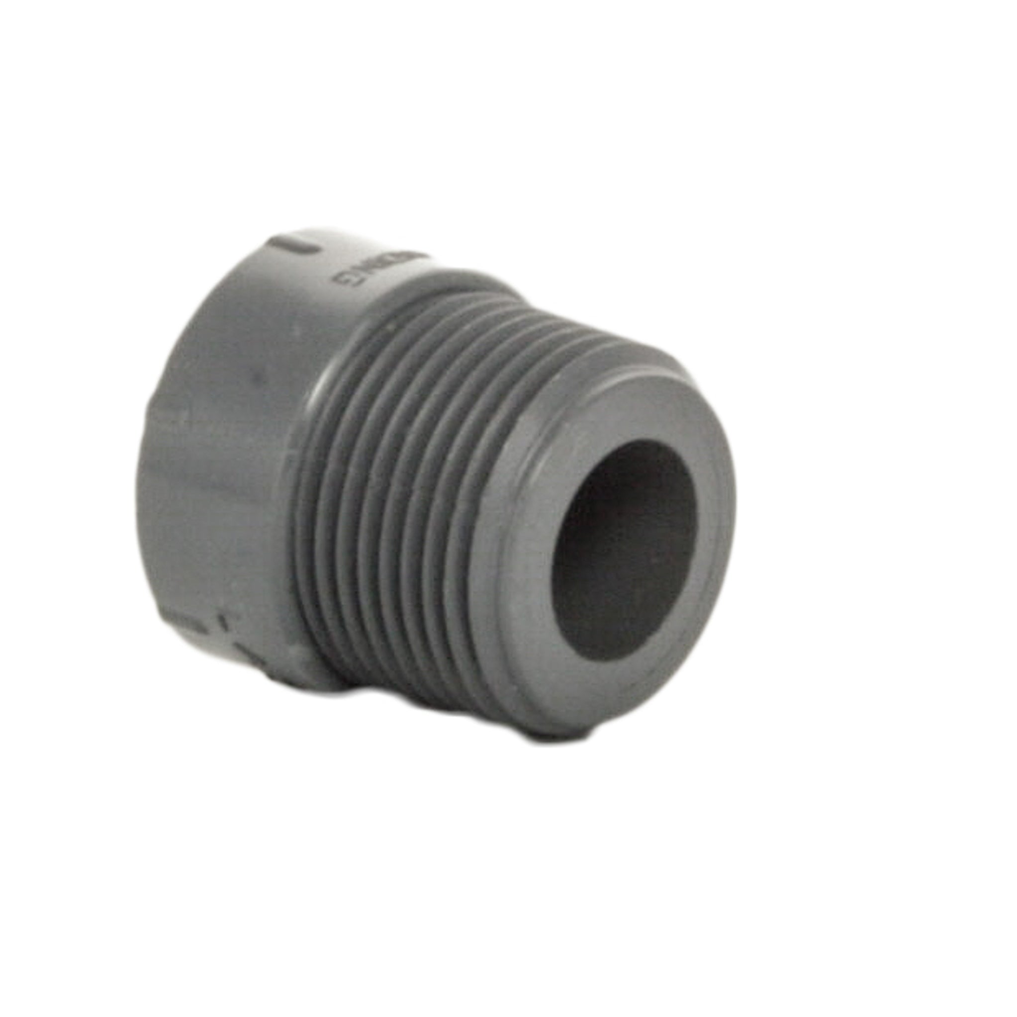 Top-down view of Lasco PVC adapter showing 3/4-inch female threaded opening and compact adapter design.