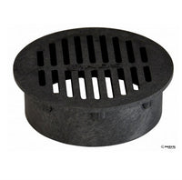 Front view of NDS 1240 12-inch round black drainage grate made from structural foam polyolefin, showing open pattern and center hole (approx. 100 characters).