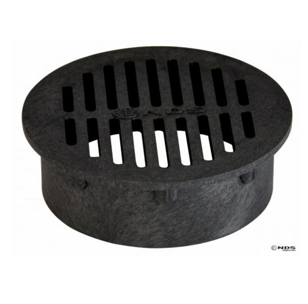 Front view of NDS 1240 12-inch round black drainage grate made from structural foam polyolefin, showing open pattern and center hole (approx. 100 characters).