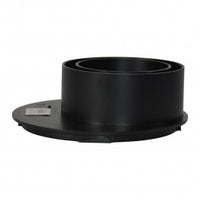 Black NDS 1245 offset universal locking outlet, side view showing offset spigot, locking tabs and inlet adjustment for 3"–4" pipe connections.