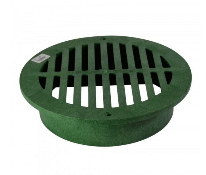 Top view of NDS 1250 12-inch green round drain grate on white background showing slot openings and circular frame, UV-stabilized HDPE.