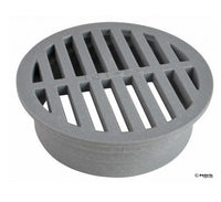 Front view of NDS 12-inch round gray drain grate (SKU 1260) showing radial slot pattern, 14-3/16" top diameter and 3-5/8" height, made of UV‑protected HDPE for outdoor use.