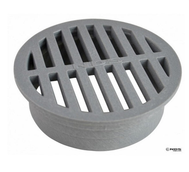 Front view of NDS 12-inch round gray drain grate (SKU 1260) showing radial slot pattern, 14-3/16" top diameter and 3-5/8" height, made of UV‑protected HDPE for outdoor use.