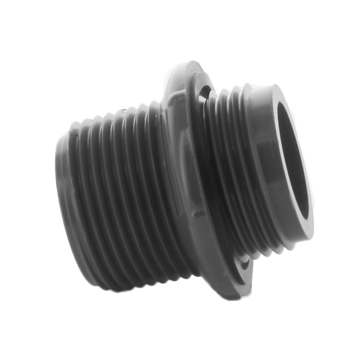 Side view of Lasco 1282-010 PVC adapter, 1-inch male-to-male, showing threaded profile and smooth molded exterior surface.