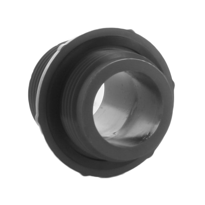 Angled close-up of Lasco UltraZone 1282-010 PVC adapter, highlighting the male threads and connection area for manifold installations.