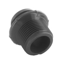 Close-up macro view of the threaded end on Lasco 1282-010 PVC adapter, showing thread detail and molded PVC finish for irrigation use.