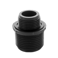 Front view of white PVC irrigation adapter showing 1-inch MIPT male thread to 3/4-inch MIPT male thread on plain background, clear detail.