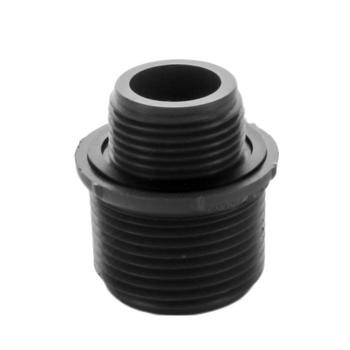 Front view of white PVC irrigation adapter showing 1-inch MIPT male thread to 3/4-inch MIPT male thread on plain background, clear detail.