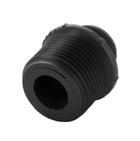 Close-up detail of male threads on the 1-inch MIPT end of a PVC irrigation adapter, showing thread profile and finish.