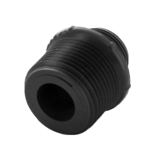Close-up detail of male threads on the 1-inch MIPT end of a PVC irrigation adapter, showing thread profile and finish.