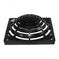 Top and angled view of NDS 1290 black atrium grate made from UV-protected HDPE, showing domed slotted pattern and overall square shape.
