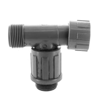 Front view of Lasco 1-inch PVC manifold single tee showing swivel nut, male thread connector and valve connection port (PVC irrigation fitting).
