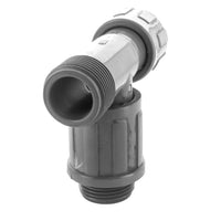 Side view close-up of Lasco 1301-010 PVC manifold tee highlighting the swivel nut and male valve connector details for irrigation systems.