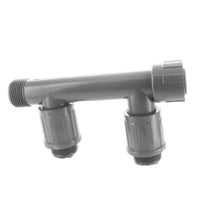 Front view of 1-inch PVC manifold double tee model 1301-210 showing two outlet ports and threaded nut connection, for irrigation systems.