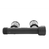 Side-angle close-up of PVC manifold double tee 1301-210 highlighting inlet and outlet ports and molded PVC body used in irrigation.