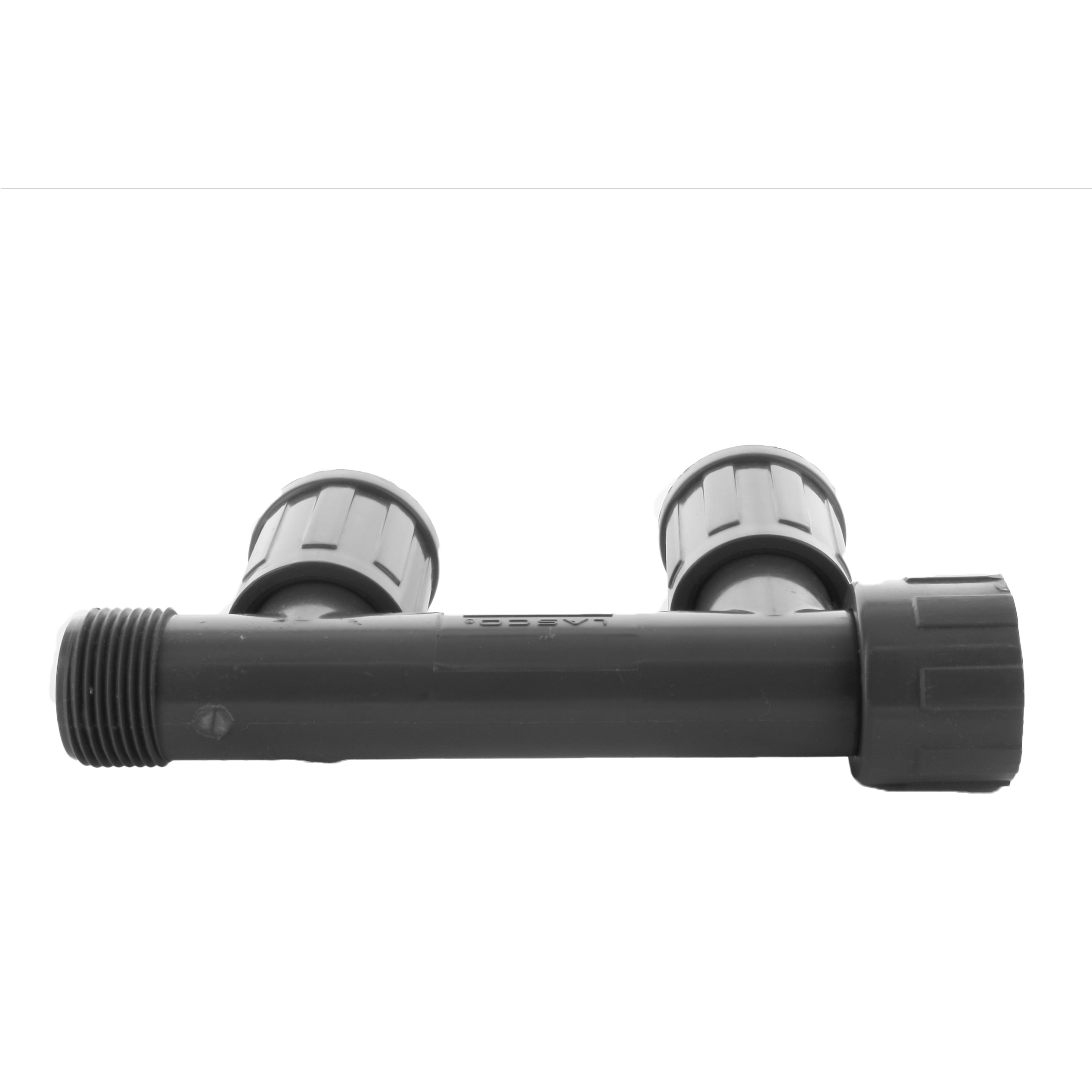Side-angle close-up of PVC manifold double tee 1301-210 highlighting inlet and outlet ports and molded PVC body used in irrigation.