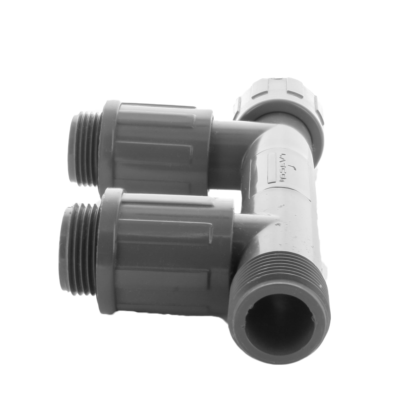 Top-down view of model 1301-210 manifold double tee showing port spacing and PVC construction designed for irrigation manifolds.