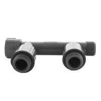 Detailed close-up of threaded nut and connection points on 1-inch PVC manifold double tee model 1301-210, for installer reference.