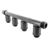 Side view of 1-inch PVC quad tee (model 1301-410) illustrating NUT x MTHD x MVCONN connection interfaces for irrigation lines.