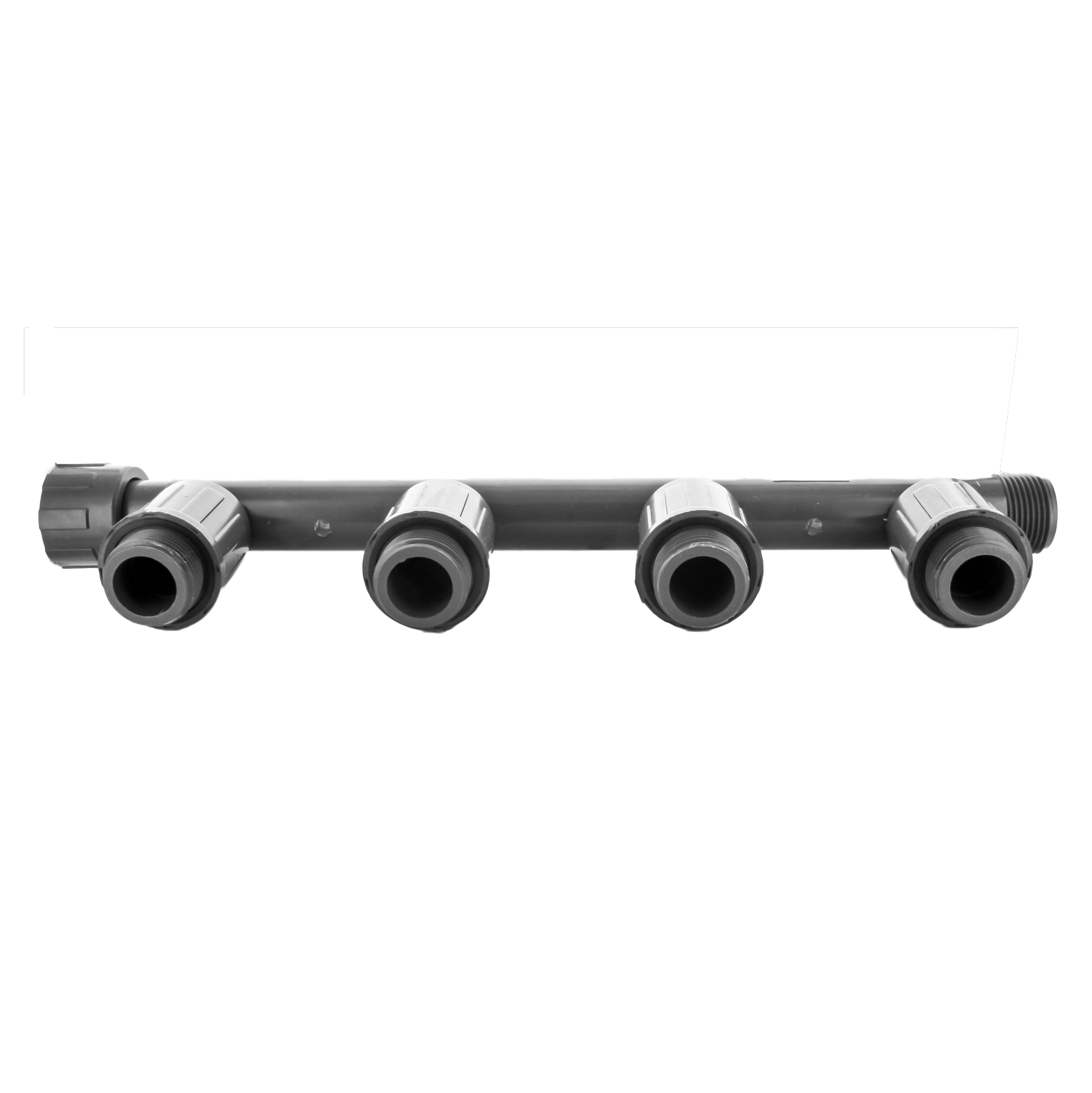Close-up of threaded connection area on 1301-410 PVC quad tee, showing four ports and molded PVC construction for irrigation use.