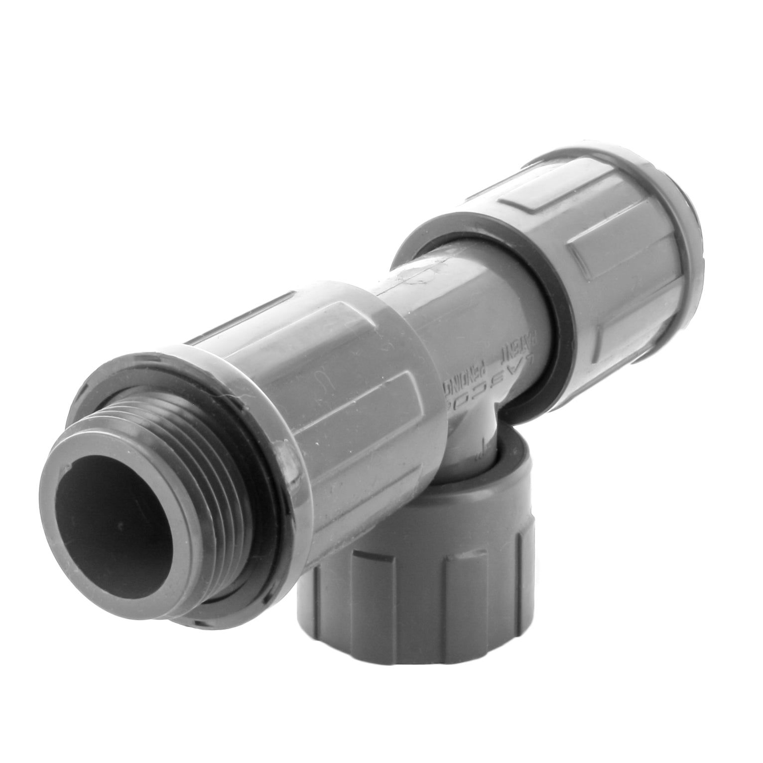 Lasco 1303-010 1" PVC Manifold Tee - Ring Nut & Two Valve Connections