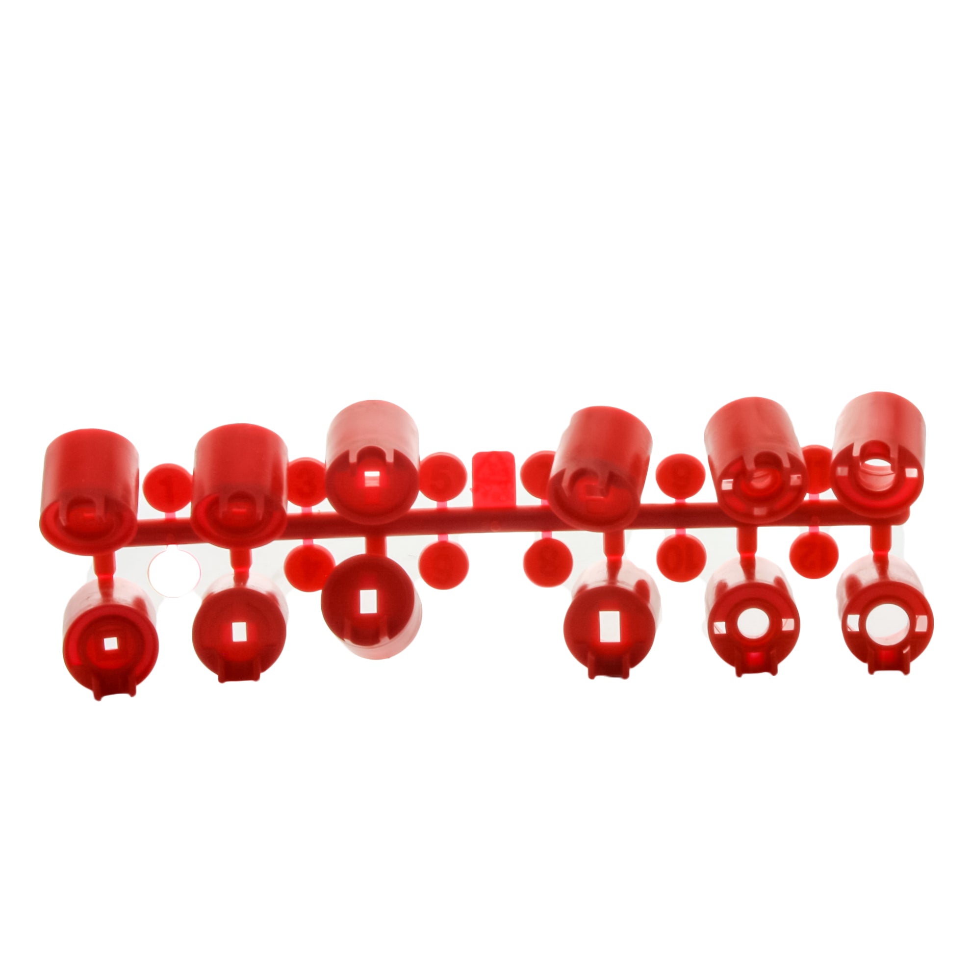 Hunter 130900SP red nozzle rack laid flat, displaying all twelve interchangeable nozzles and the central mounting post for PGP-ADJ rotors.