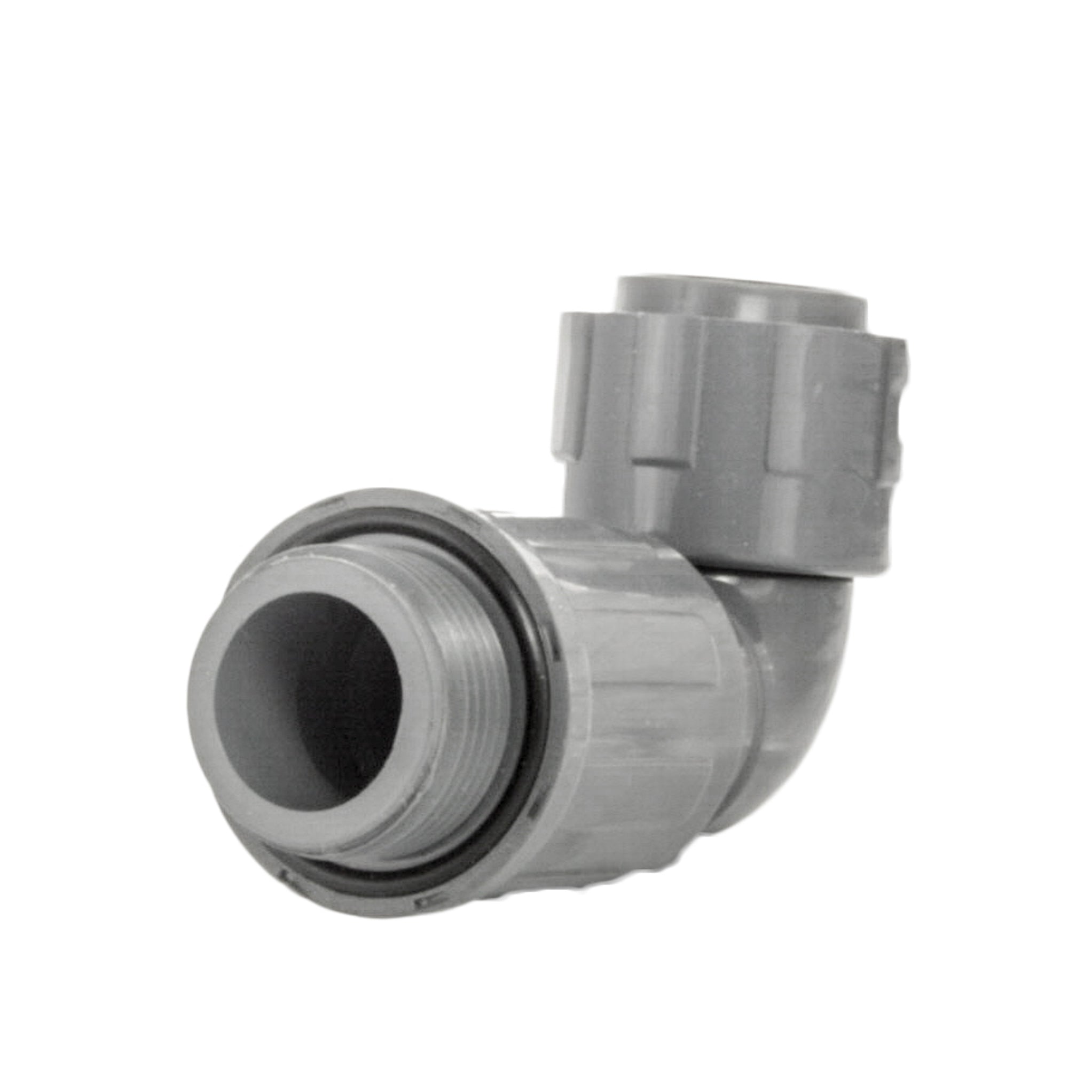 Front-facing photo of the Lasco-style 1" PVC manifold elbow with visible NUT x MVCONN threads and molded PVC body for irrigation use.