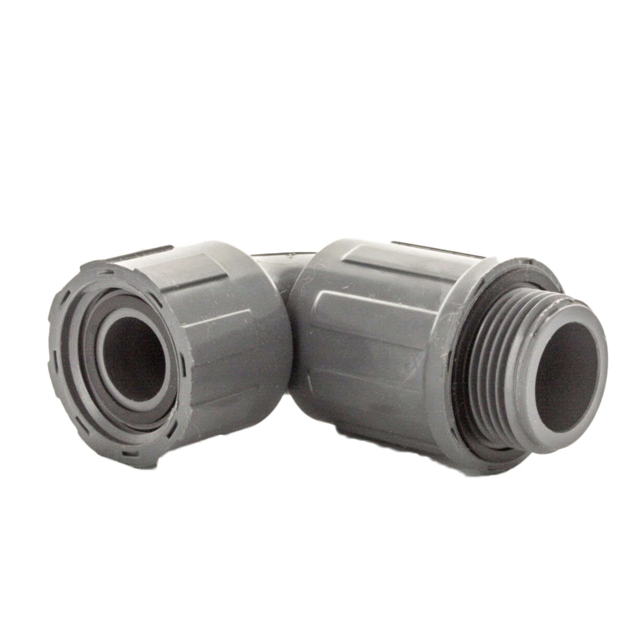 Side profile of the 1312-010 PVC manifold elbow, showing overall shape and how the F x Valve configuration fits into UltraZone manifolds.