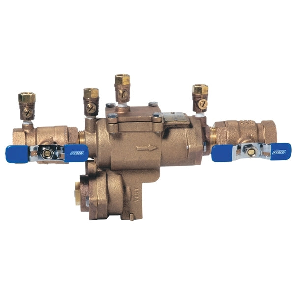 Front view of Febco 860 Model 1313 1-inch bronze RPZ backflow assembly showing shutoff valves, test cocks, and relief valve for service access.
