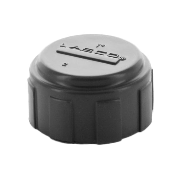 Front view of Lasco 1-inch PVC female-thread manifold cap with integrated O-ring, white Schedule 40 PVC body and smooth sealing surface.