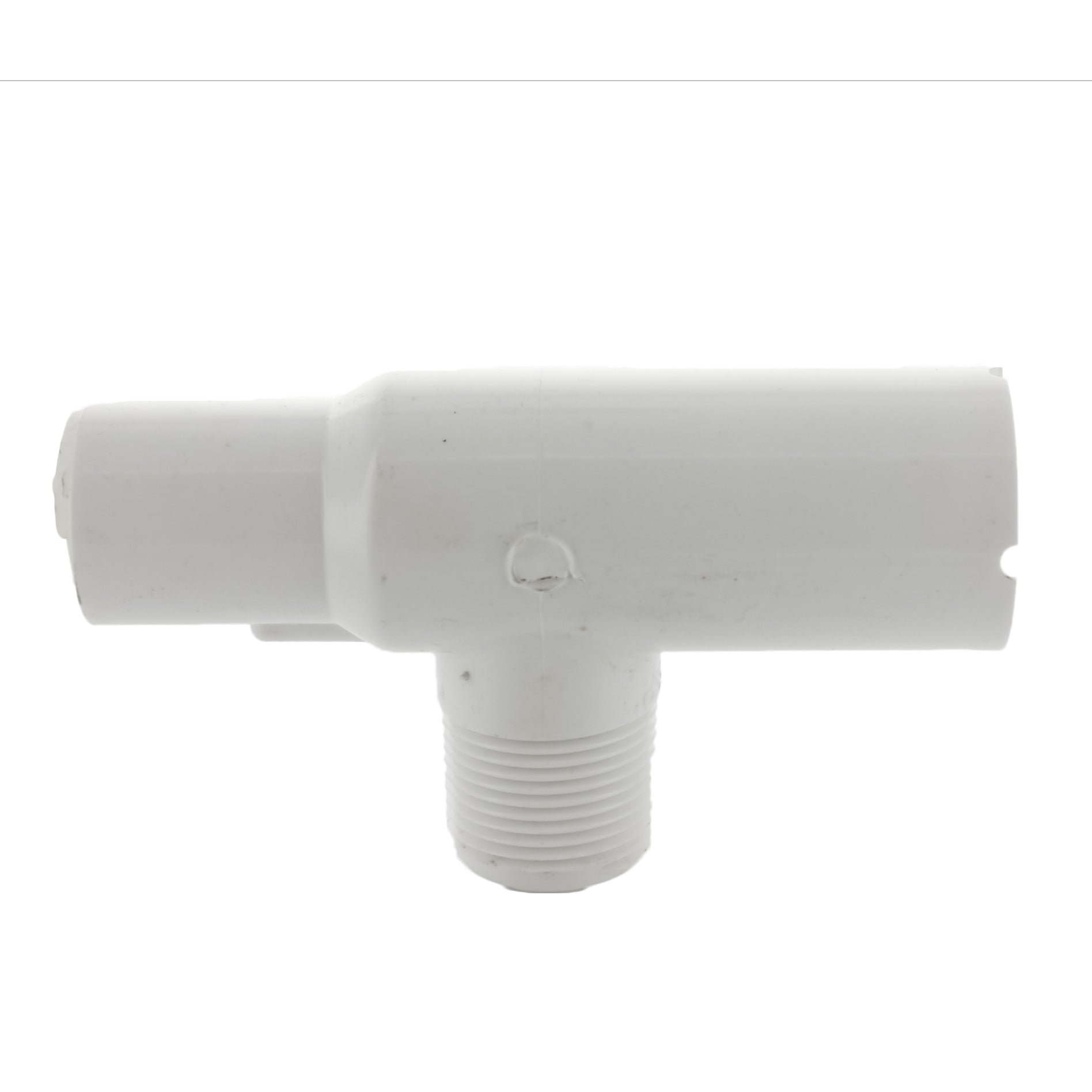 Front view of 1-inch PVC manifold male tee showing spigot socket, slip inlet and male pipe-threaded outlet for irrigation piping.