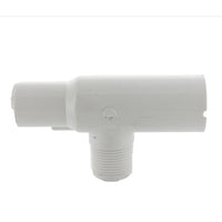 Front view of 1-inch PVC manifold male tee showing spigot socket, slip inlet and male pipe-threaded outlet for irrigation piping.