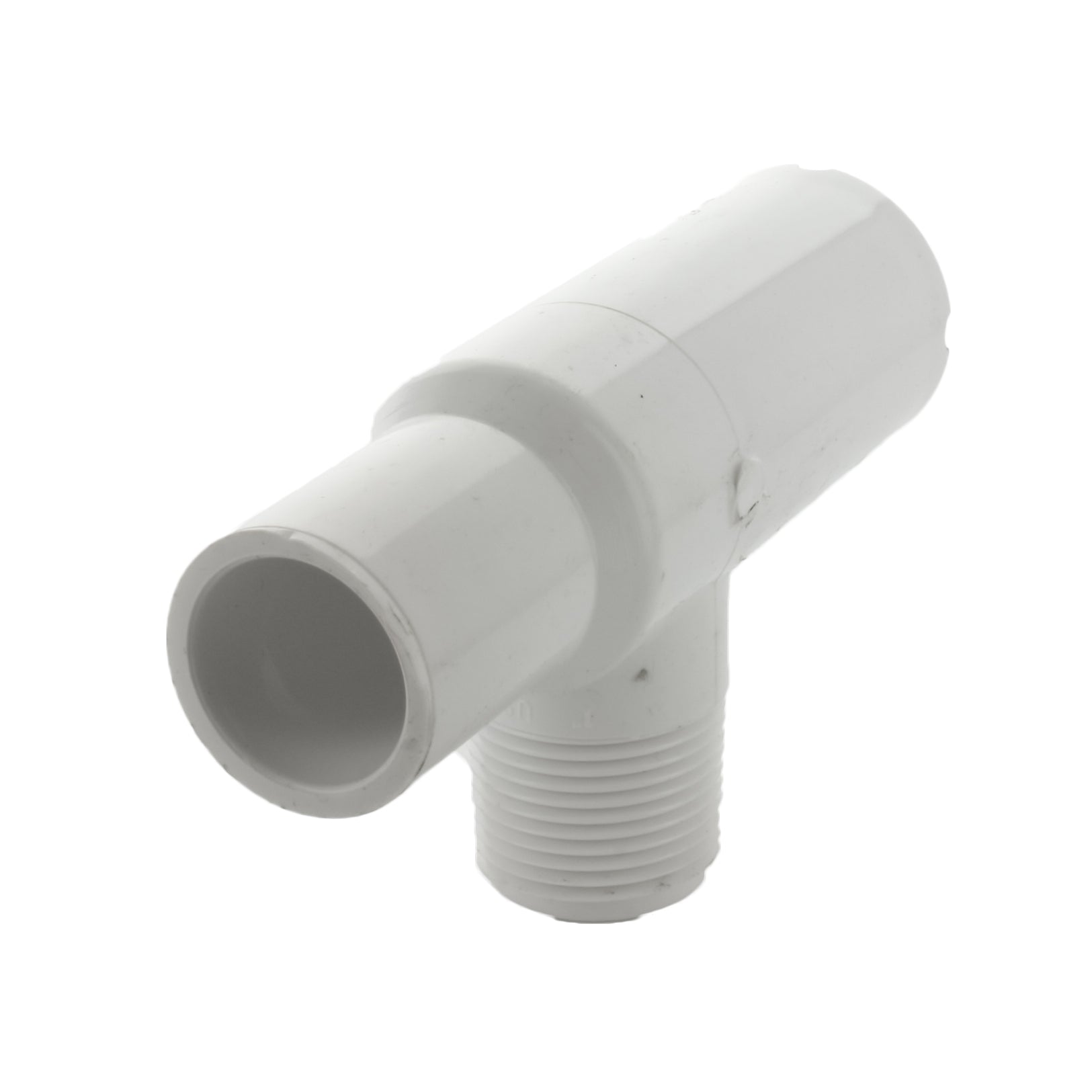 Angled view of 1-inch PVC manifold tee highlighting Schedule 40 wall thickness, spigot and slip connections, and MPT threaded outlet.