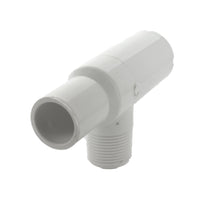 Angled view of 1-inch PVC manifold tee highlighting Schedule 40 wall thickness, spigot and slip connections, and MPT threaded outlet.