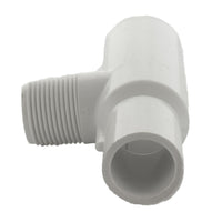 Close-up of the 1-inch manifold tee's MPT threaded outlet and socket/spigot interface, suitable for irrigation manifold assemblies.
