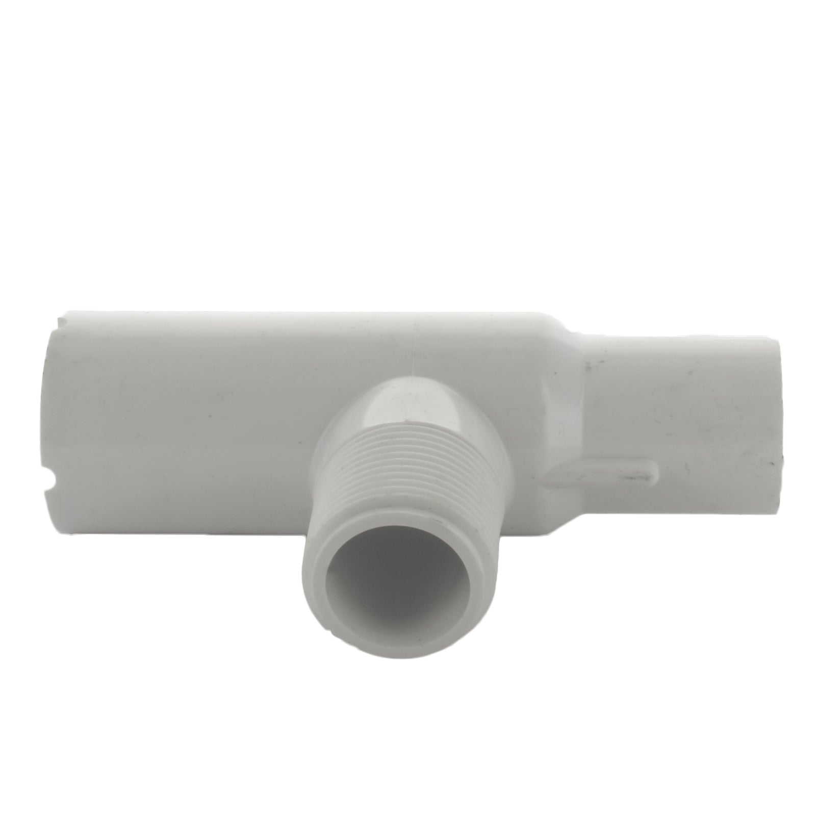 Rear view of PVC manifold male tee showing full profile, connection orientations and durable white PVC finish for landscape systems.