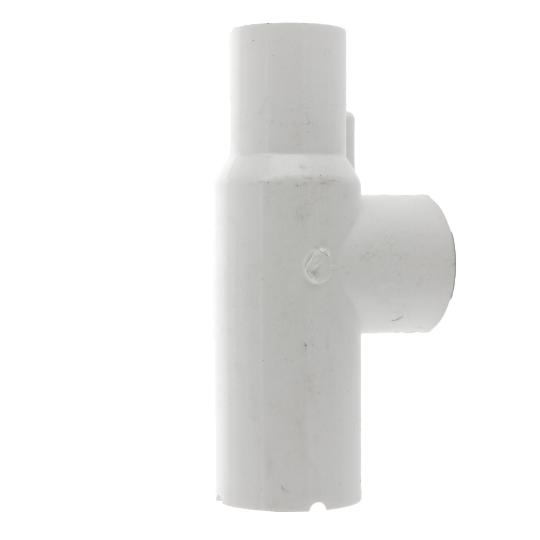 Front view of Lasco 1376-010 1-inch PVC manifold female tee showing spigot, slip, and female-threaded ports for valve connection.
