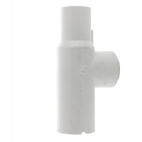 Front view of Lasco 1376-010 1-inch PVC manifold female tee showing spigot, slip, and female-threaded ports for valve connection.