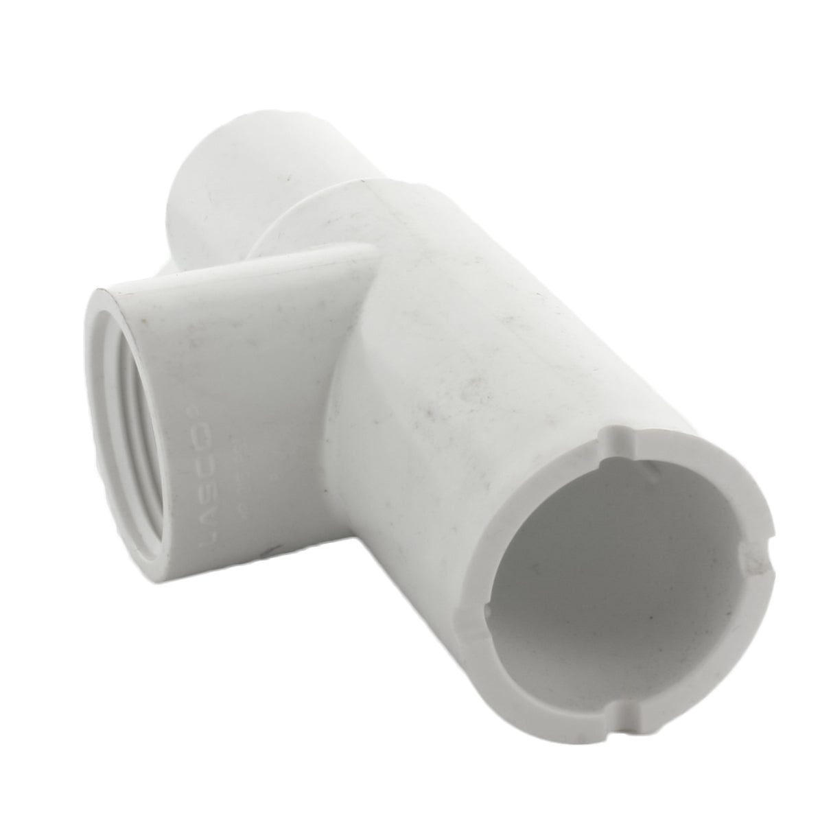 Angled close-up of 1-inch Lasco PVC manifold tee highlighting schedule 40 wall thickness and smooth solvent-weld spigot and slip ends.
