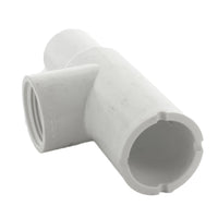 Angled close-up of 1-inch Lasco PVC manifold tee highlighting schedule 40 wall thickness and smooth solvent-weld spigot and slip ends.